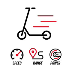 KQi scooter icon with speed, range, and power